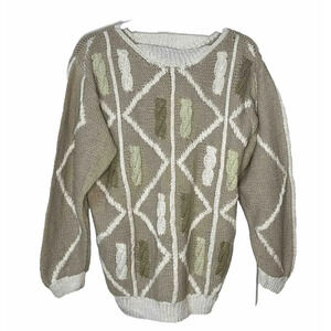 Vintage‎ Tamra Cable Knit Tan White  Neutral Granny Sweater